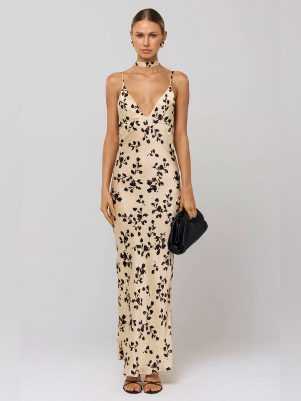 RESA Cream Maxi Slip Dress with Black Floral Print